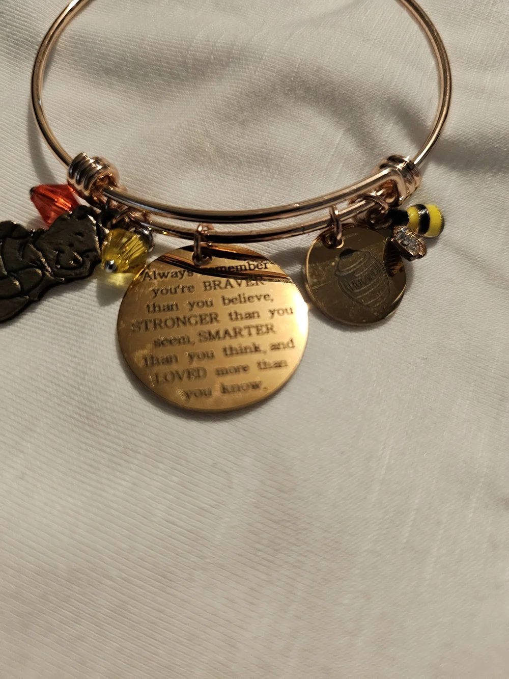 Rose Gold Inspirational Charm Bangle Bracelet with Yellow and Red Accents